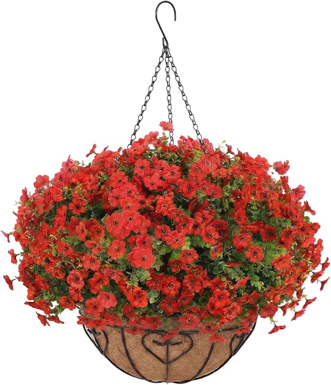 Artificial Hanging Flower for Outdoors, Fake Hanging Basket for Outside,1 Hanging Basket with 13 Pcs Faux Silk Flowers for Porch, Balcony and Patio Decor(Red) LetuoClipsClipsandHooks