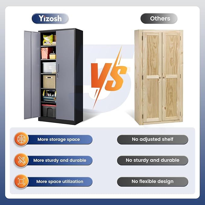 Yizosh Metal Storage Cabinet with Locking Doors and 5 Adjustable Shelves, 72" Garage Storage Cabinet Steel Lockable for Office,Home,Garage Yizosh