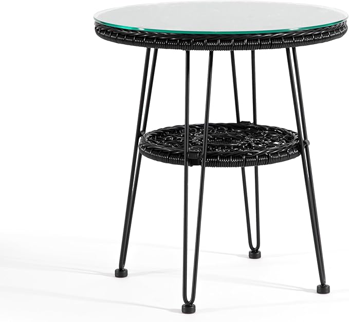 Furniture of America Ysar Boho 19-inch Round Coffee Table Outdoor with Tempered Glass Top and Metal Frame, Handcrafted Coastal Furniture for Patio, Poolside, Garden, Yard, Black FurnitureofAmerica