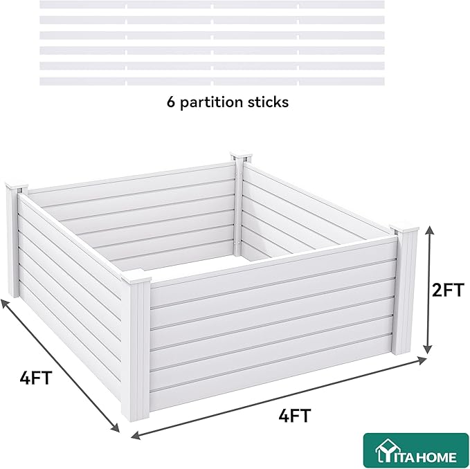 YITAHOME 4x4x2 FT Plastic Raised Garden Bed Kit, Large Outdoor Above Ground Planter Box with Growth Grid for Plants, Vegetables, and Flowers, Easy Installation, White YITAHOME