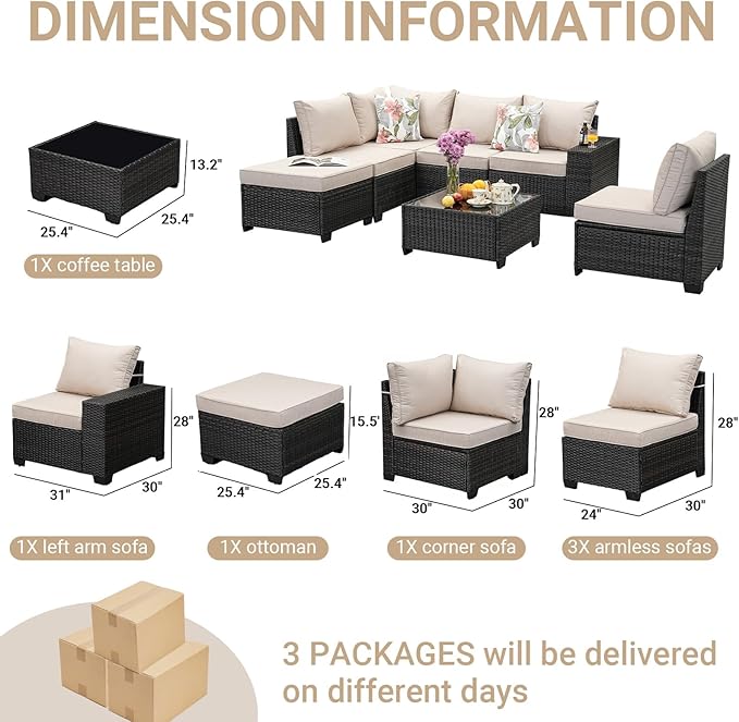 Jing's Villa 7-Piece Patio Furniture Set, All-Weather Outdoor Wicker Sectional Sofa with Cushions, Tempered Glass Table & Ottoman, Rattan Conversation Seating for Porch, Garden, Backyard,Beige JingsVillaOutdoorFurniture