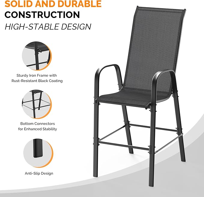 VINGLI Outdoor Bar Chairs Set of 6 – Stackable Outdoor Bar Stools with Sturdy Sling High Back and Armrests for Lawn, Courtyard, Garden, Bar, Black VINGLI