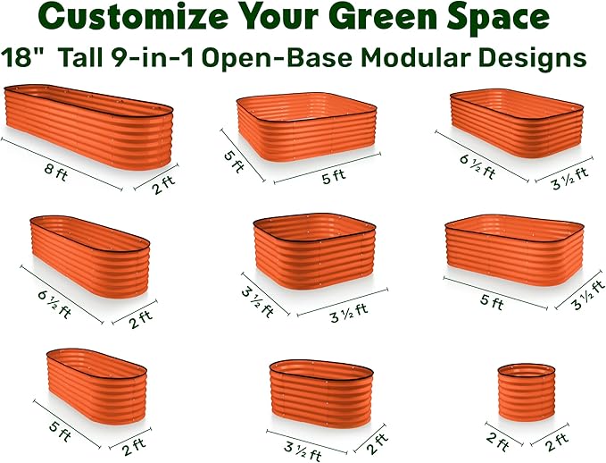 9-in-1 Galvanized Steel Raised Garden Bed // 8×2×1.5 ft Modular Planter for Gardening, Vegetables, Flowers // 18" Tall Metal Raised Garden Beds Outdoor (Orange) // Patented Design Planter Box PlantPlot