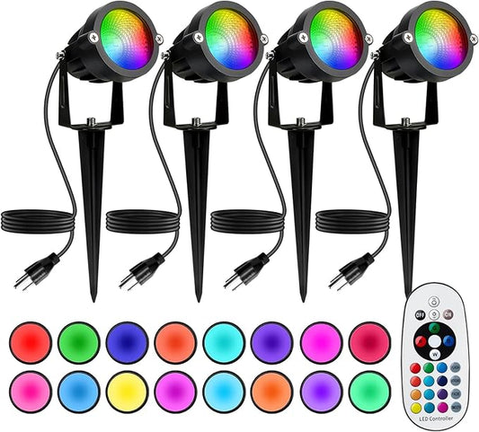 Halloween Christmas Spotlight Outdoor: 12W RGBW LED Spot Lights Outdoor with 16 Color Changing for Yard Garden Decor | 4 Pack of IP65 Waterproof 120V Plug in Landscape Lighting with Remote BeeLinks