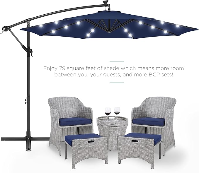 Best Choice Products 10ft Solar LED Offset Cantilever Hanging Market Patio Umbrella, 8 Sturdy Ribs, Easy Adjustment - Navy Blue BestChoiceProducts