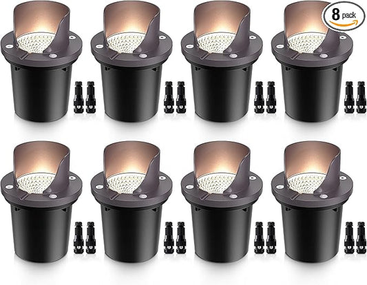 SUNVIE 12W Low Voltage Landscape Lighting Waterproof Outdoor In-Ground Lights Shielded LED Well Lights 12V-24V Warm White Landscape Lighting for Pathway Garden Fence Deck, 8 Pack with Wire Connectors SUNVIE