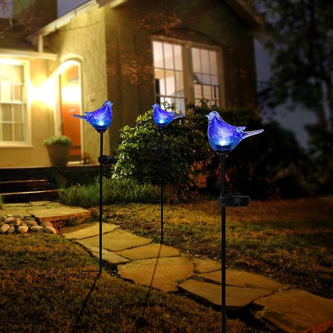 Afirst Solar Bluebird Garden Stake Lights - Hand Blown Glass Decorative Garden Pathway Lights Outdoor Waterproof Bird Glass Stakes Afirst