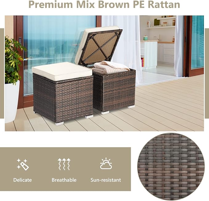 Tangkula 2 Pieces Patio Ottomans, Patiojoy Hand-Woven PE Rattan Side Table with Removable Cushion & Hidden Storage Space, Multifunctional Storage Box, Seat for Patio, Backyard, Poolside (Off White) TANGKULA