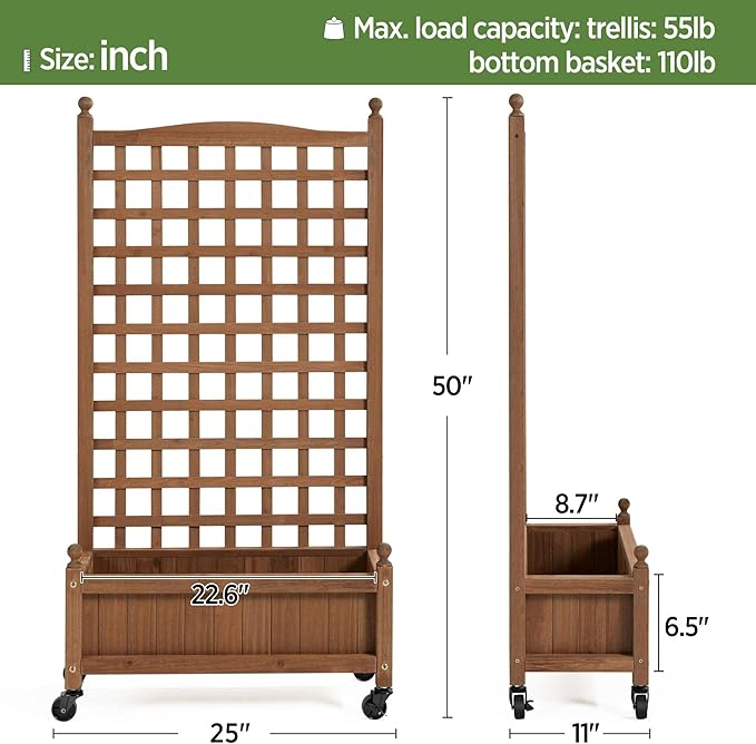 Yaheetech 50" H Raised Garden Bed with Trellis & Wheels Standing Vertical Horticulture Planter Box for Vine Climbing Plants, Flowers, Herbs Brown Yaheetech