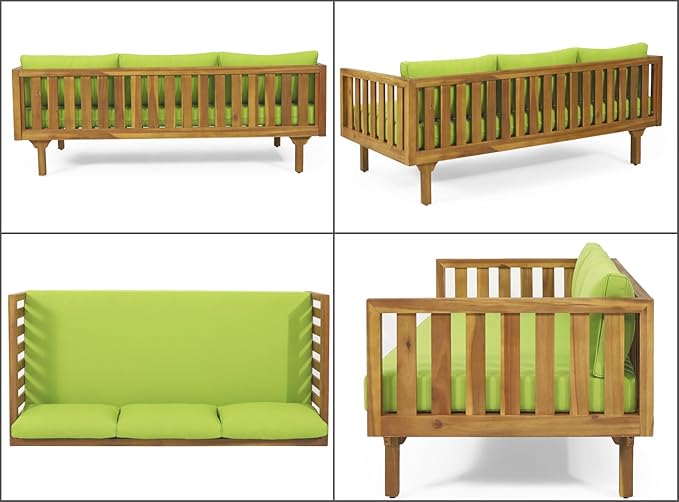 Merax Outdoor 3 Seater Daybed, Acacia Wood Day Bed Couch Sofa with Cushions for Patio Backyard, Garden, Green Merax