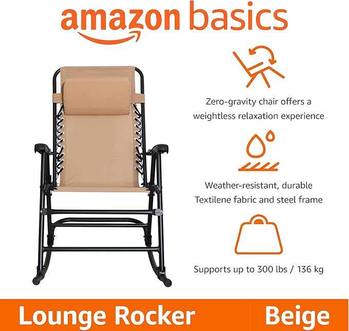 Amazon Basics Outdoor Portable Folding Rocking Chair with Headrest, Ergonomic Design, Weather-resistant Patio Reclining Lounge Chair for Porch, 33.6 x 37.4 x 26 inch, Beige AmazonBasics