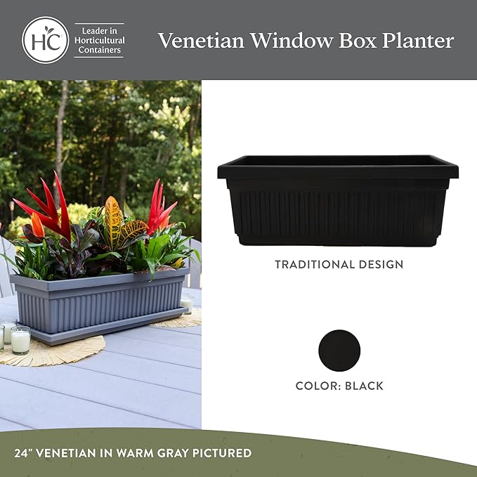 The HC Companies Venetian Window Planter Box w/Drain Plug - Long Planter Box for Windowsills, Balconies & More - Plastic Large Rectangular Outdoor Planters for Herbs & Flowers (24" Black, Pack of 1) TheHCCompanies