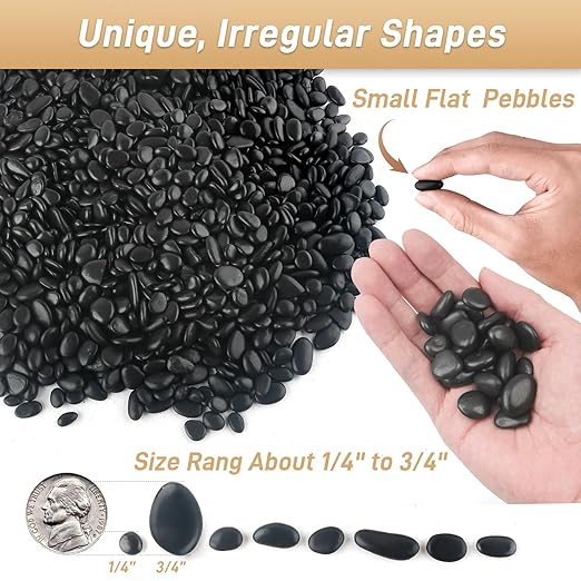 45LB Polished Black Pebbles,1/4" - 3/4" Small Black River Rocks for Landscaping, Natural Gravel Smooth Decorative Stones Dressing for Vases Planters Garden Outdoor Indoor Rootora