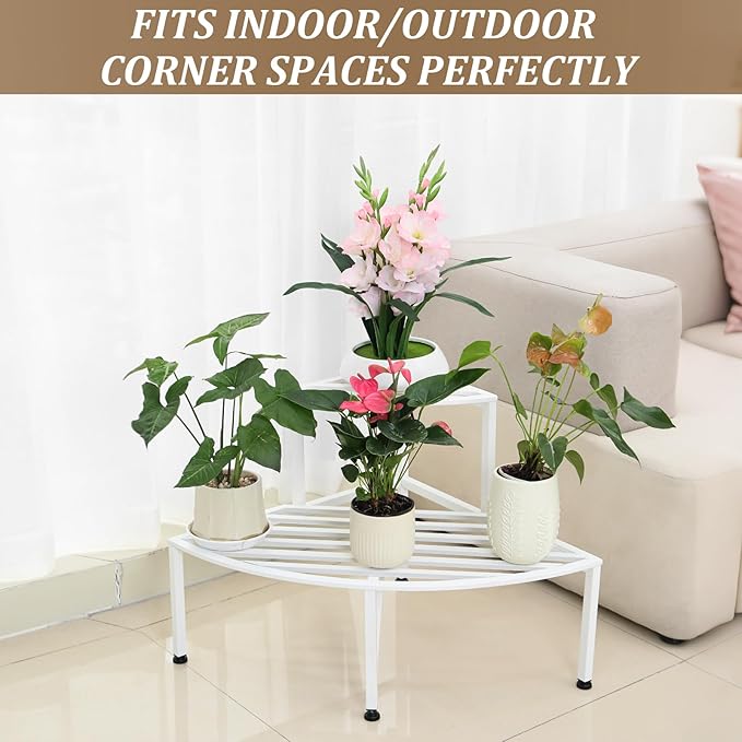 Corner Plant Stand Outdoor Metal,2 Tier Heavy Duty Ladder Plant Shelf Indoor for Multiple Plants,37.08" L x 22.83" W x 20.07" H,White Dipion
