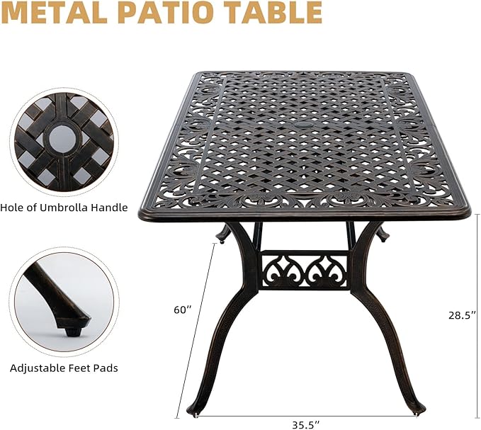Outdoor Patio Dining Table - All-Weather Cast Aluminum 60" x 28.5“ Patio Rectangular Table with 2" Umbrella Hole for Balcony Lawn Garden Backyard Attliahome
