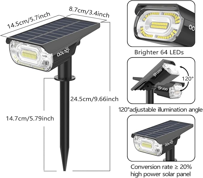 Solar Spot Lights Outdoor 1000 Lumens, 64 LEDs IP67 Waterproof Landscape Lighting with 4 Modes - 2-in-1 Solar Spotlight & Pathway Light for Garden, Yard, Patio Decor, 4 Pack AOUNQ