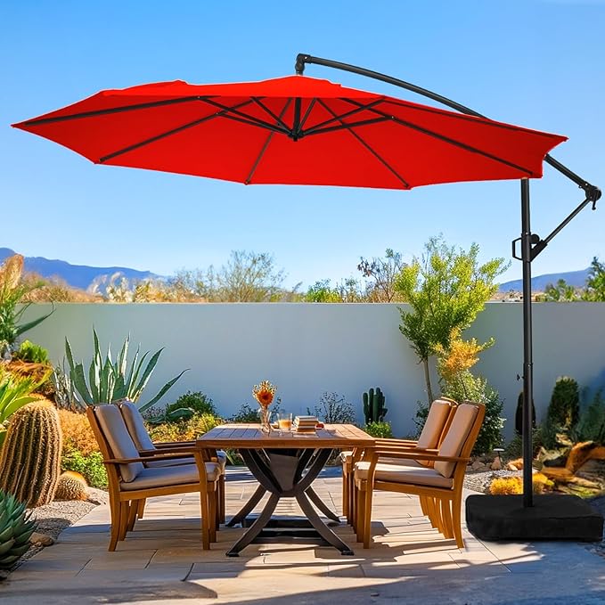 wikiwiki 10ft Patio Umbrella with Base Included, Outdoor Offset Cantilever Umbrella, Infinite Tilt, Crank and Cross Base, Light Red WikiwikiPatioUmbrellas