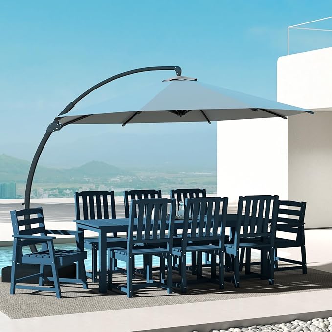 Navy Blue 9-Piece Outdoor Dining Set with Beige 11FT Cantilever Umbrella, 75.2'' HDPE Table & Chairs for 8, Weather-Resistant Furniture with Umbrella Hole for Patio, Lawn, Poolside PatioKingdom