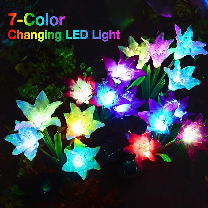 KOOPER Outdoor Solar Lights, 4 Pack Solar Garden Light with Bigger Lily Flowers, Waterproof 7 Color Changing Solar Lights Outdoor - Bigger Panel for Patio Yard Garden Decoration, Gift for Mom KOOPER