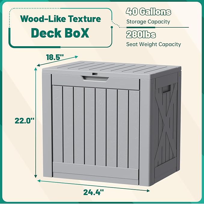 Devoko 40 Gallon Deck Box Outdoor Storage Box Waterproof for Patio, Large Outdoor Storage Bench Lockable for Outside (Gray, 40 Gallon) DEVOKO