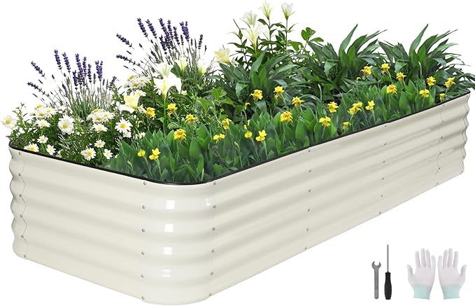 5 in 1Galvanized Raised Garden Bed - 8x3x1.4ft Modular Garden Planter Bed Outdoor | Steel Raised Bed Kit with Bracing Rods, Gloves for Gardening Vegetables Fruits and Flowers - White BIRDSINYARD