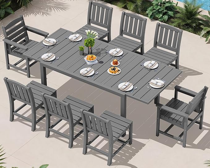 SERWALL 9-Piece Outdoor Dining Set, 60" - 83" Expandable Outdoor Dining Table and 8 HDPE Chairs, All Weather HDPE Outdoor Furniture Set for Backyard, Garden, Grey SERWALL