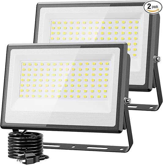 Olafus 2 Pack 130W LED Flood Light Outdoor, 13000lm LED Work Light with Plug, IP66 Waterproof Exterior Security Lights, 6500K Daylight White Outside Floodlights for Playground Yard Stadium Lawn Olafus