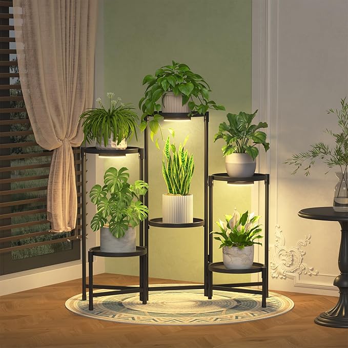 iDavosic.ly 6 Tier Large Plant Stand Indoor with Grow Light, Tiered Corner Metal Outdoor Flower Display Holder Shelf with 10 Inch Wide Tray, Folding Tall Rack for Patio Porch Living Room, Black iDavosicly