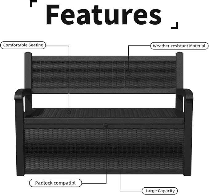 EasyUp 80 Gallon Outdoor Storage Bench Lockable Deck Box Outdoor Storage Box Waterproof for Patio,Garden,and Porch – Perfect for Storing Garden Tools and Cushions(Black)