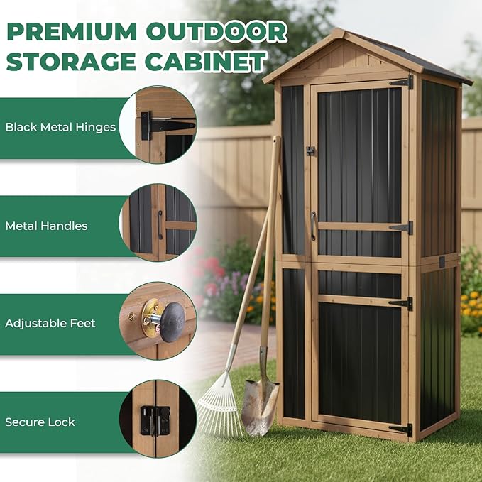 Large Outdoor Storage Cabinet with 4 Shelves, Wood Outdoor Storage Shed with Weatherproof Roof, Lockable Doors, Tall Outdoor Patio Cabinets for Garden Tool and Accessories, Brown MAGAZOOPET