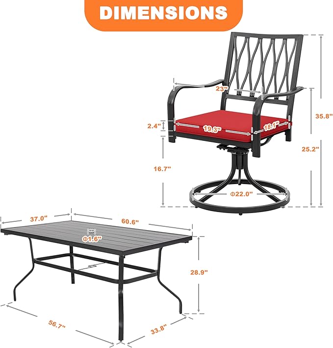 NUU GARDEN 7 Piece Outdoor Dining Set Rectangle Iron Patio Table with Umbrella Hole and 6 Swivel Chairs with Cushions Outdoor Furniture Set for Garden Backyard Black and Red NUUGARDENCORPORATION
