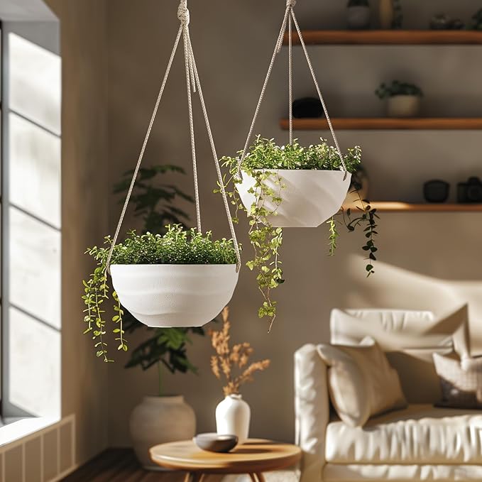 La Jolie Maison 10 Inch Hanging Planters for Indoor Plants, Outdoor Garden Planter Pots with Self-Watering Tray, Eggshell White, Set of 2 LaJolieMaison