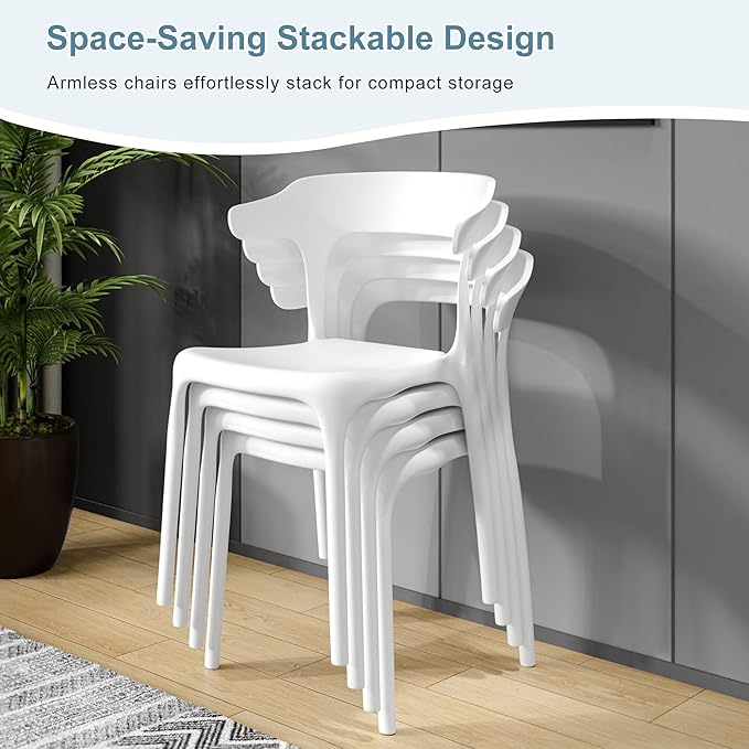 VECELO 4 Pack Plastic Stacking Chairs, Stackable Dining Chairs for Kitchen Restaurant Patio, Portable Indoor Outdoor Use, No Assembly Required, White VECELO