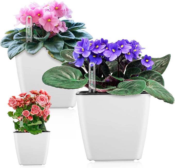 Self Watering Planters for Indoor Plants : 5 inch 3 Pack White African Violet Self Watering Flower and Herb pots GsGardenSpecialty
