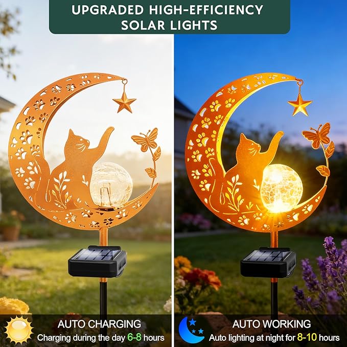 ZNYCYE Solar Lights Outdoor Decorative Moon Cat Butterfly Solar Stake Lights Birthday Gifts for Women mom Grandma, Garden Decor Waterproof for Walkway, Yard, Lawn, Patio (Warm White) ZNYCYE