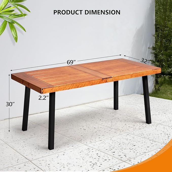VINGLI 69 Inch Wood Dining Table with Iron Legs, 6-Person Indoor Outdoor Patio Garden Table, All-Weather Rustic Farmhouse Kitchen Table VINGLI