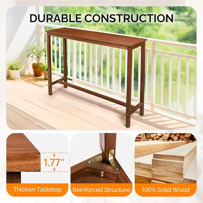 VINGLI Wooden Outdoor Bar Table, Wood Patio Counter Height Table, Weather-Resistant Patio Pub Table for Garden, Balcony, Poolside, Backyard, Indoor Use (Brown, 53") VINGLI