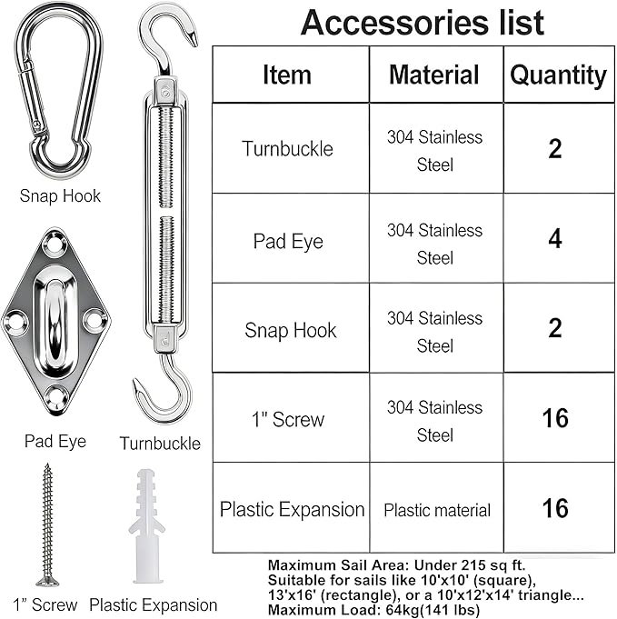 YOFIT 40 Pcs Shade Sail Hardware Kit, 6 Inch Outdoor Sun Sail Accessories, 304 Stainless Steel Turnbuckles & Brackets for Triangle/Rectangle Sails, Patio Canopy Installation Hardware Set Waterproof yofit