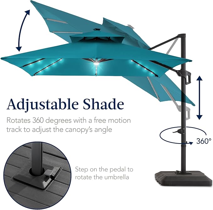 Best Choice Products 9x12ft LED Cantilever Patio Umbrella w/Base Included & 360° Rotation, Large Solar Offset Hanging Outdoor Sun Shade for Deck, Backyard Table w/Stand & Lights – Cerulean BestChoiceProducts