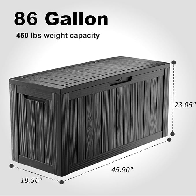 86 Gallon Outdoor Deck Box, Lockable Waterproof Outdoor Storage Boxes For Garden Tools,Indoor Cushions,Accessories Outside Storage Resin Weatherproof Container(Black) MAIUSCOLI