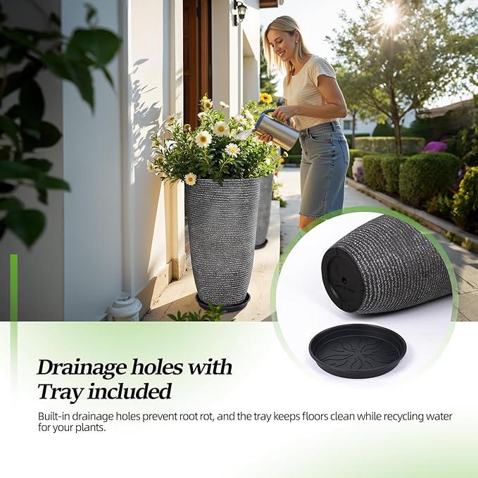 QCQHDU Large Tall Dark Gray Planters Set of 2-9 Gallon 12" Round Outdoor Planters for Front Door & Patio, Faux Stone Indoor Plant Pots with Tray, Porch Decor Plant Containers QCQHDU