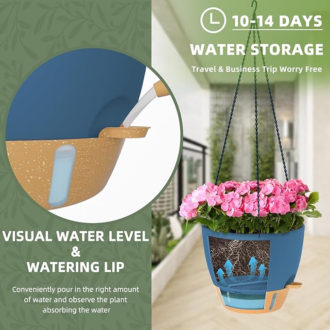ZMTECH 12 Inch Hanging Planters for Indoor Plants & Outdoor - 2 Pack Self-Watering Hanging Pots with Drainage Holes, Visual Reservoir, Plastic Hanging Baskets Flower Pots with Removable Saucer, Blue HighQualityGardeningTools