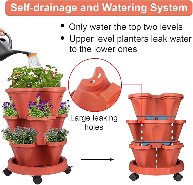 GameXcel Vertical Planter 3 Tier Stackable Planters Garden Planters Strawberry Herb Flower and Vegetable Planter Indoor Outdoor Gardening Pots with Removable Wheels and Tools GameXcel
