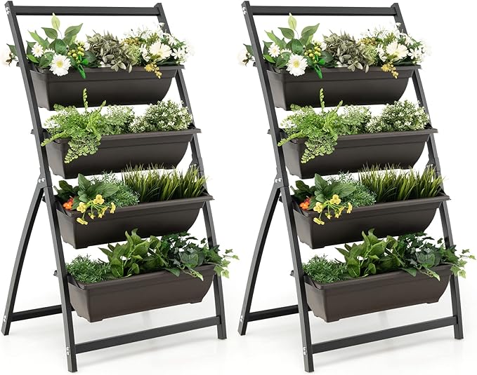 Giantex 2 Pcs 4.1FT Vertical Raised Garden Bed, 4-Tier Elevated Planter Box w/4 Containers & Drainage Holes, Indoor Outdoor Freestanding Planter for Vegetables, Herbs, Flowers, Heavy-Duty Metal Frame Giantex