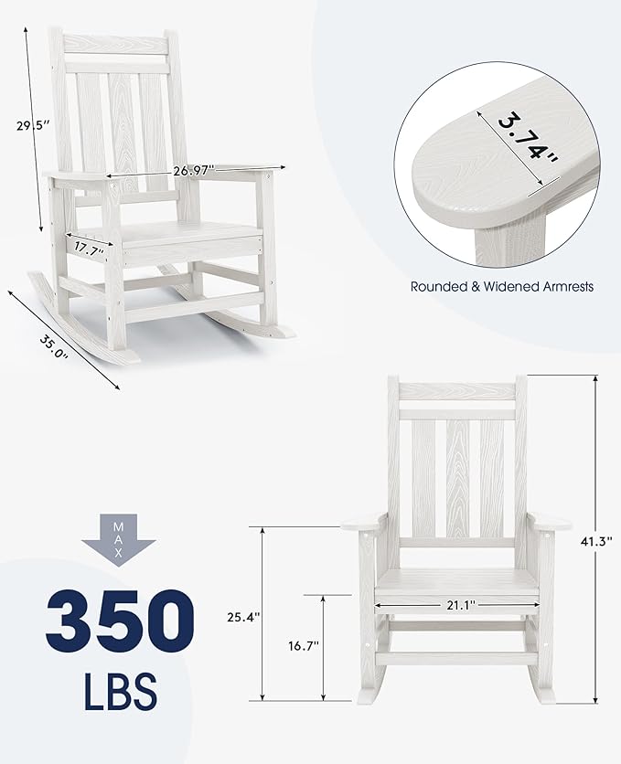 KINGYES Oversized Outdoor Rocking Chair Set of 6, All-Weather Patio Rocking Chairs for Porch, HDPE Outdoor Patio Rockers with High Back & Wide Seat for Garden, Lawn, White KINGYES