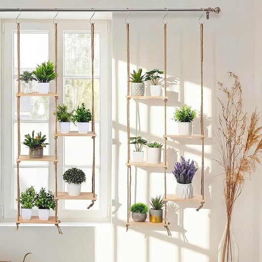 Novabright Window Hanging Plant Shelf with Wooden Shelves Macrame Rope Hanging Plant Stand with 3 S Hooks for Indoor Outdoor Bedroom Window Sill Balcony Boho Decor(Wood Color,2 Pcs) Rootora