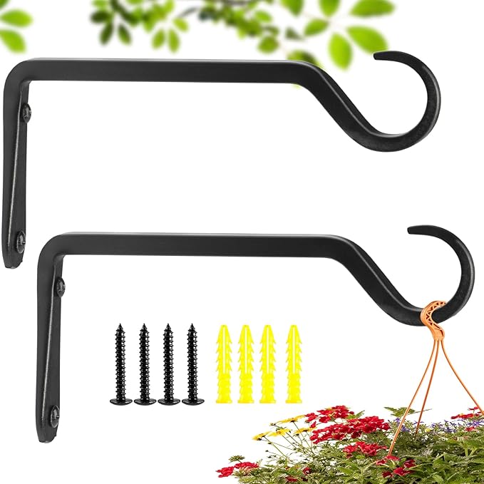 8 inch Plant Hanger, Sturdy Hanging Plant Bracket Outdoor, Hanging Plant Wall Hook Heavy Duty, for Hanging Bird Feeders, Planters, Lanterns, Wind Chimes, Indoor/Outdoor Use, Black, Set of 2 YELOKIE