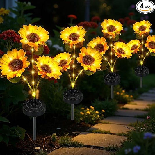 Upgraded Solar Sunflower Lights, 4-Pack Solar Garden Lights with Bigger Round Panel, 40-Hour Runtime for Indoor & Outdoor Decor, Waterproof for Patio Yard Garden Rootora