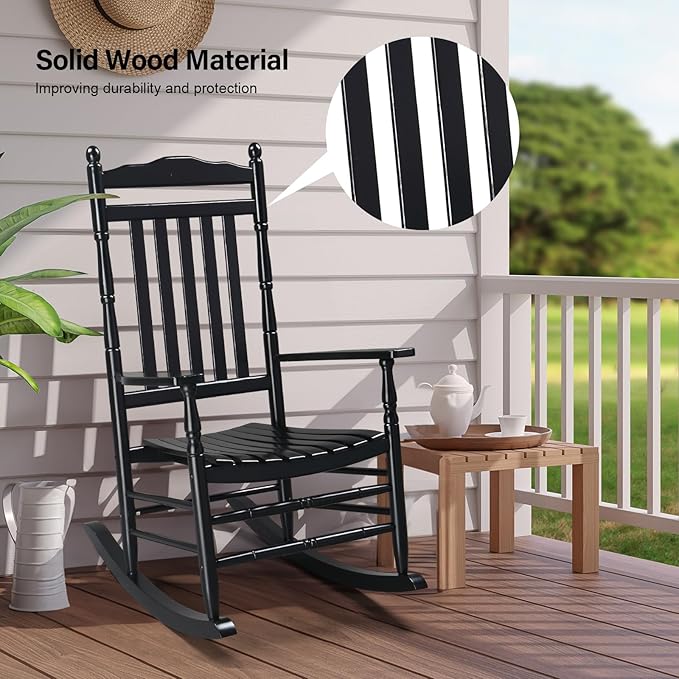 VINGLI Wooden Rocking Chair, Outdoor Chair with 450 lbs Support, Relaxing Rocker with Solid Wood High Back Seat Reclining Seat for Deck, Garden, Backyard, Porch, Indoor or Outdoor Use (Black, 1PC) VINGLI