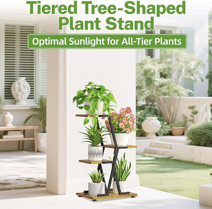 iDavosic.ly 3 Tier Indoor Plant Stand, Corner Tall Metal & Wood Flower Shelf, Orchid Display Rack for Living Room Balcony Patio Porch, Space Saving & Multifunctional Display, Black & Brown iDavosicly